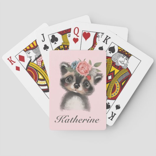 Cute Waterverf Raccoon Pink Floral Pokerkaarten (Achterkant)
