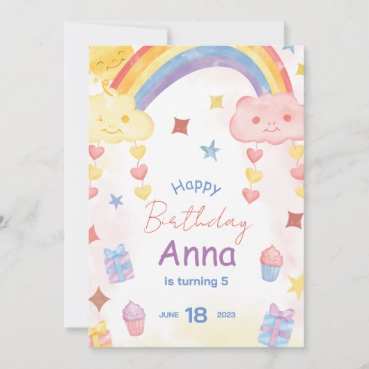 Cute Waterverf Rainbow, Sun and Clouds Birthday Kaart (Voorkant)