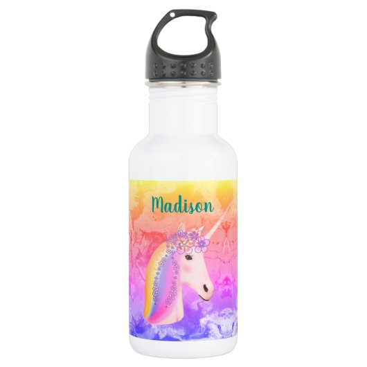 Cute Waterverf Rainbow Unicorn Girls, gepersonalis Waterfles (Voorkant)