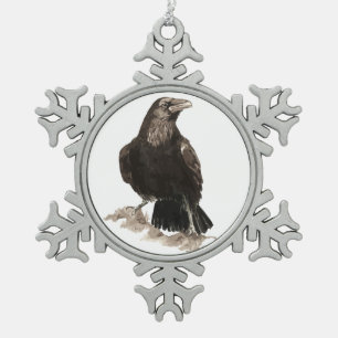 Cute Waterverf Raven Bird Natuur Art Tin Sneeuwvlok Ornament