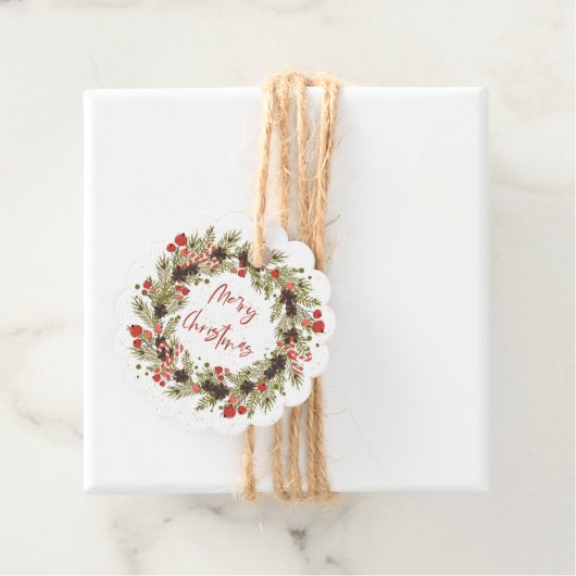 Cute Waterverf Red Berries Wreath Merry Kerstmis Bedankjes Labels (In situ)