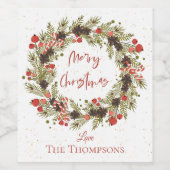 Cute Waterverf Red Berries Wreath Merry Kerstmis Wijn Etiket (Enkel label)