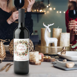 Cute Waterverf Red Berries Wreath Merry Kerstmis Wijn Etiket