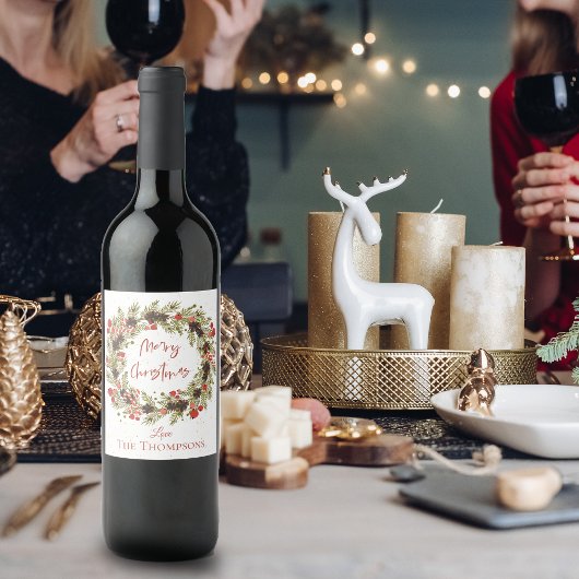 Cute Waterverf Red Berries Wreath Merry Kerstmis Wijn Etiket