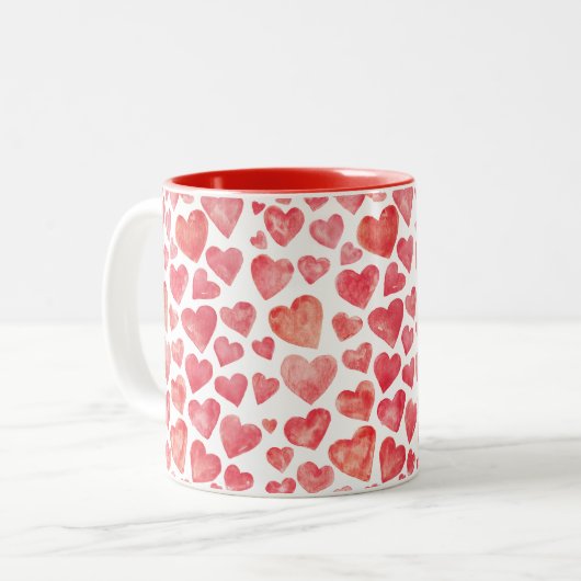 Cute Waterverf Red Valentijns Hearts Tweekleurige Koffiemok (Voorkant links)