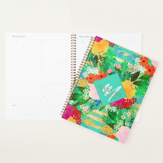 Cute Waterverf Red & Yellow Floral Biscay Green Planner (Display)