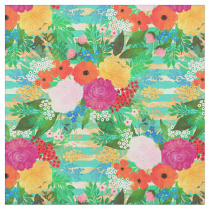 Cute Waterverf Red & Yellow Floral Biscay Green Stof