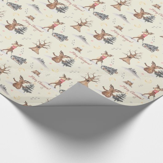 Cute Waterverf Reindeer Pulling kerst Sleigh Cadeaupapier (Hoek)