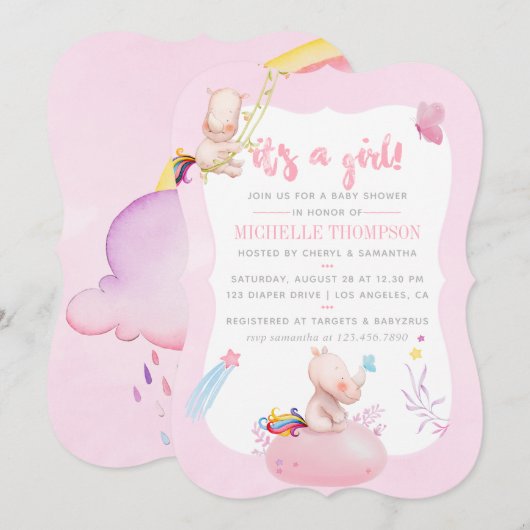 Cute Waterverf Rhino Unicorn Baby Girl Shower Kaart (Voorkant / Achterkant)