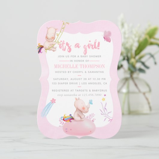 Cute Waterverf Rhino Unicorn Baby Girl Shower Kaart (Staand voorkant)