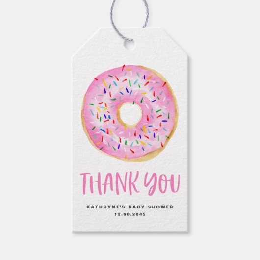 Cute Waterverf Roze Donut Baby shower Dank u Cadeaulabel (Voorkant)
