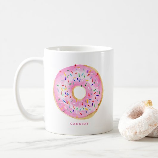 Cute Waterverf Roze Donut Sprinkles Gepersonalisee Koffiemok (Met donut)