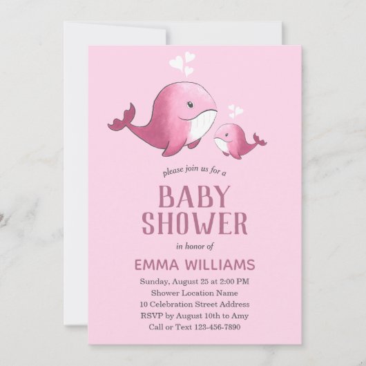 Cute Waterverf roze walvis | MeisjesBaby shower Kaart (Voorkant)