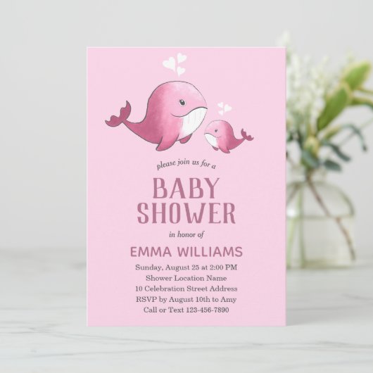 Cute Waterverf roze walvis | MeisjesBaby shower Kaart (Staand voorkant)