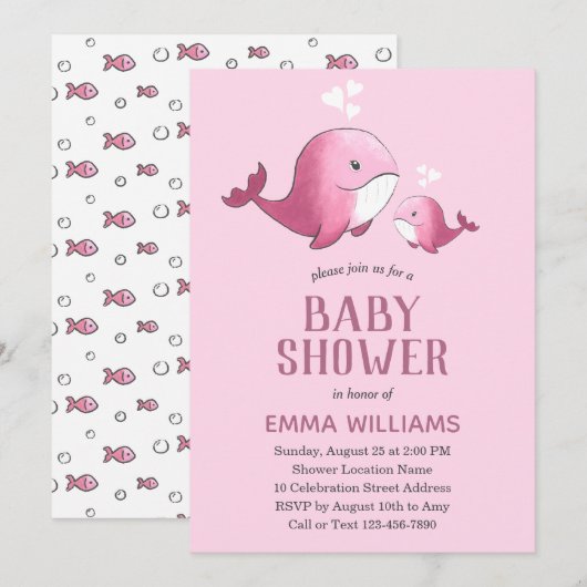 Cute Waterverf roze walvis | MeisjesBaby shower Kaart (Voorkant / Achterkant)
