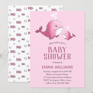 Cute Waterverf roze walvis   MeisjesBaby shower Kaart