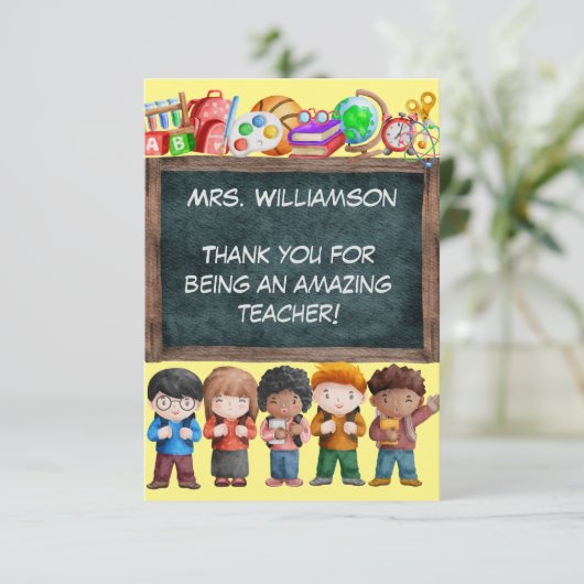 Cute Waterverf School Chalkboard Text Teacher Bedankkaart (Staand voorkant)