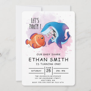 Cute Waterverf Shark Birthday Invitation Kaart