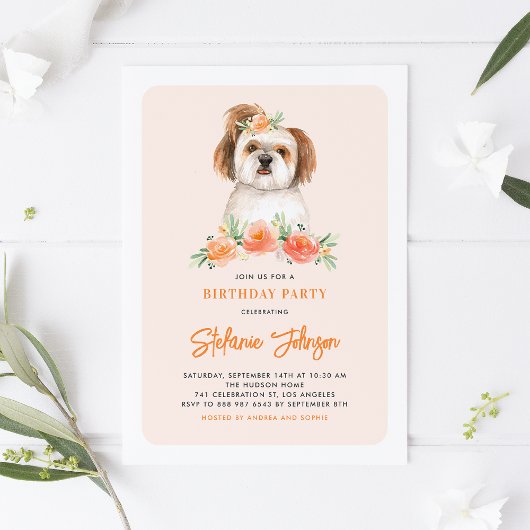 Cute Waterverf Shih Tzu Peach Floral Birthday Kaart
