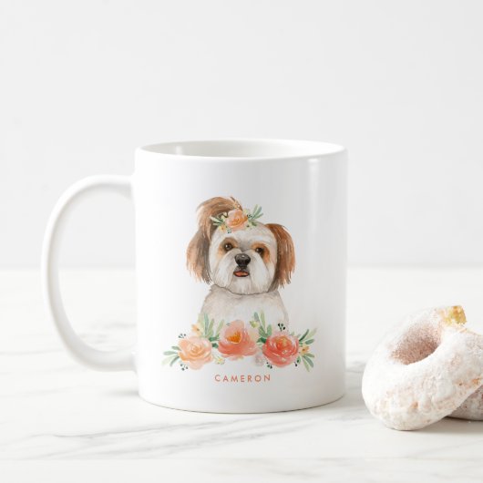 Cute Waterverf Shih Tzu Peach Floral Personalized Koffiemok (Met donut)