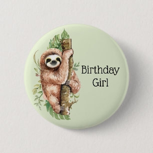 Cute Waterverf Sloth Birthday Girl Ronde Button 5,7 Cm