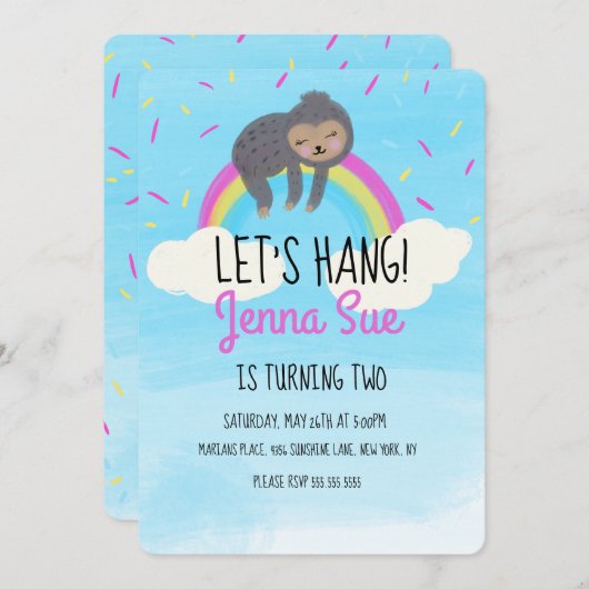 Cute Waterverf Sloth Rainbow Birthday Party Kaart (Voorkant / Achterkant)