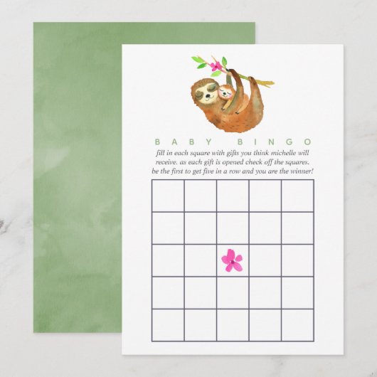 Cute Waterverf Sloth themed Baby shower Bingo Kaart (Voorkant / Achterkant)