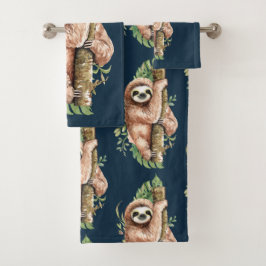 Cute Waterverf Sloth & Tropical Leaves Bad Handdoek