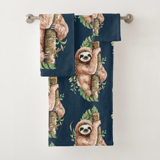 Cute Waterverf Sloth & Tropical Leaves Bad Handdoek (Insitu)