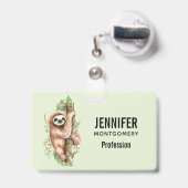 Cute Waterverf Sloth & Tropical Leaves Badge (Achterkant met intrekbare clip)