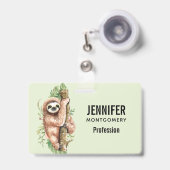 Cute Waterverf Sloth & Tropical Leaves Badge (Voorkant met intrekbare clip)