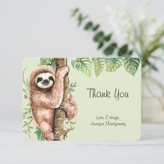 Cute Waterverf Sloth & Tropical Leaves Bedankkaart (Staand voorkant)