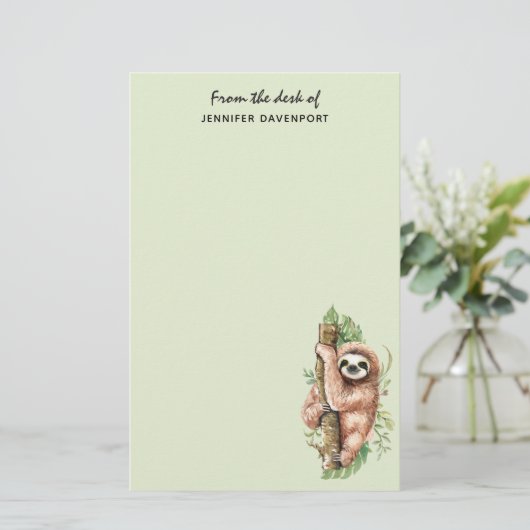 Cute Waterverf Sloth & Tropical Leaves Briefpapier (Staand voorkant)