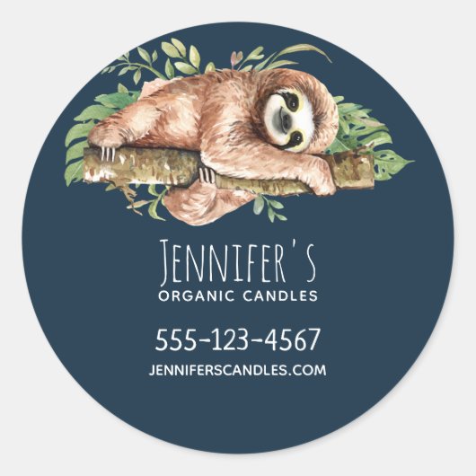 Cute Waterverf Sloth & Tropical Leaves Business Ronde Sticker (Voorkant)