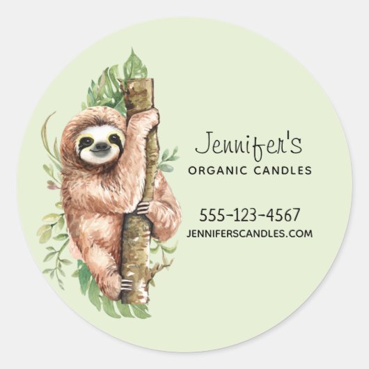 Cute Waterverf Sloth & Tropical Leaves Business Ronde Sticker (Voorkant)