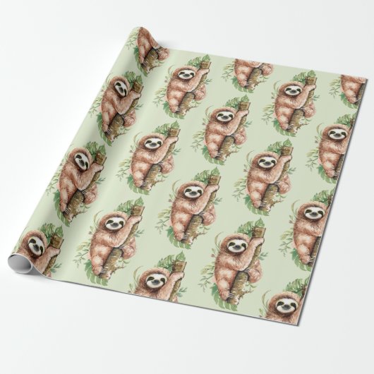 Cute Waterverf Sloth & Tropical Leaves Cadeaupapier (Uitgerold)