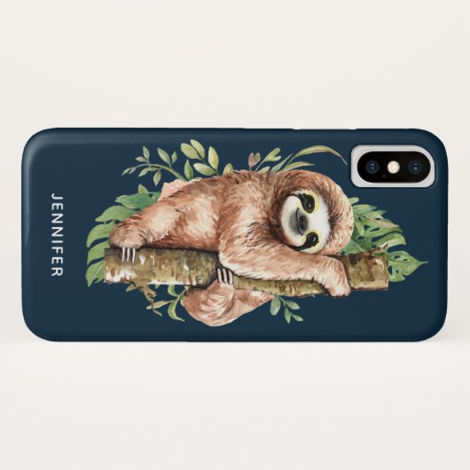 Cute Waterverf Sloth & Tropical Leaves Case-Mate iPhone Case (Achterkant (horizontaal))