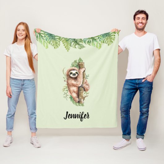 Cute Waterverf Sloth & Tropical Leaves Fleece Deken (In situ)