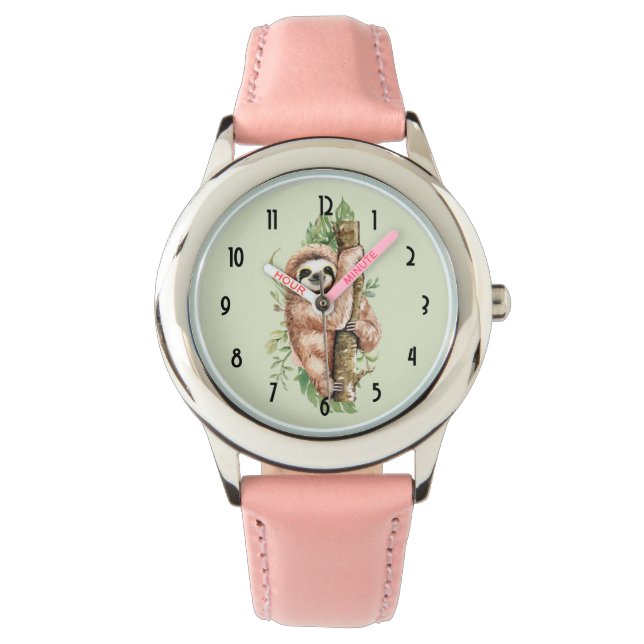 Cute Waterverf Sloth & Tropical Leaves Horloge (Voorkant)