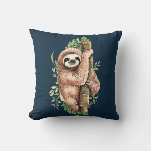 Cute Waterverf Sloth & Tropical Leaves Kussen (Voorkant)
