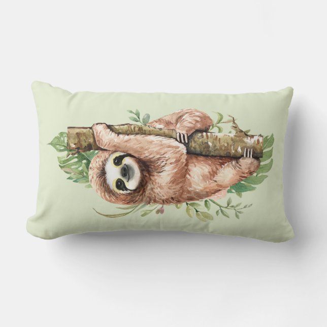 Cute Waterverf Sloth & Tropical Leaves Kussen (Voorkant)