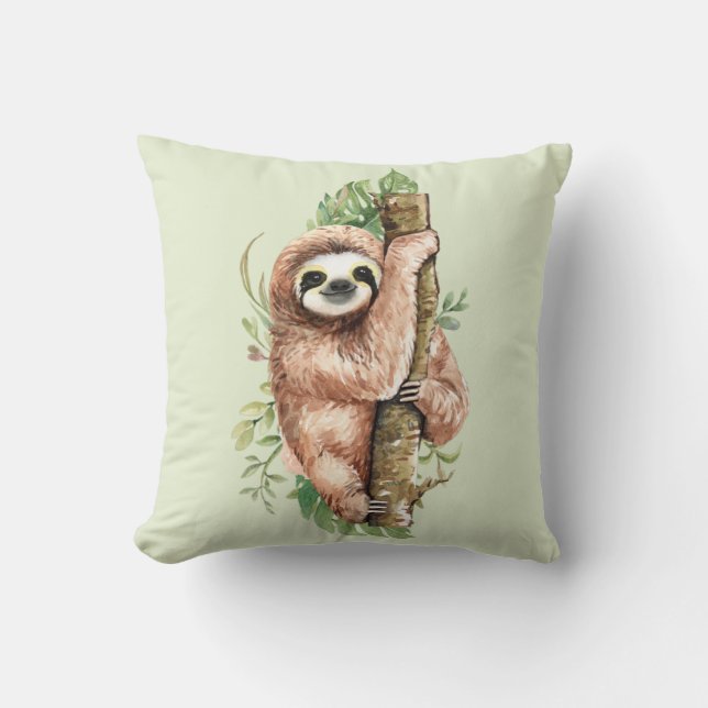 Cute Waterverf Sloth & Tropical Leaves Kussen (Voorkant)