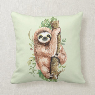 Cute Waterverf Sloth & Tropical Leaves Kussen