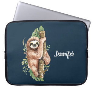 Cute Waterverf Sloth & Tropical Leaves Laptop Sleeve