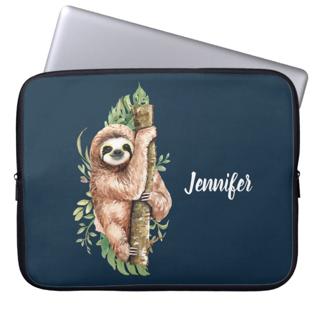 Cute Waterverf Sloth & Tropical Leaves Laptop Sleeve (Voorkant)