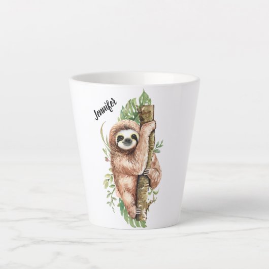Cute Waterverf Sloth & Tropical Leaves Latte Mok (Voorkant)