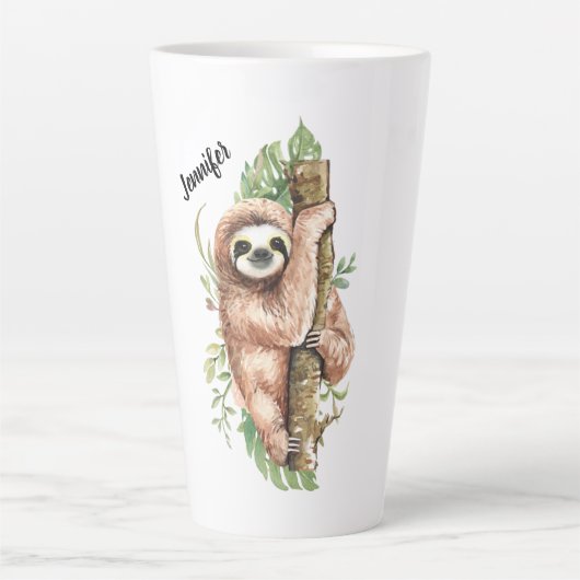 Cute Waterverf Sloth & Tropical Leaves Latte Mok (Voorkant)