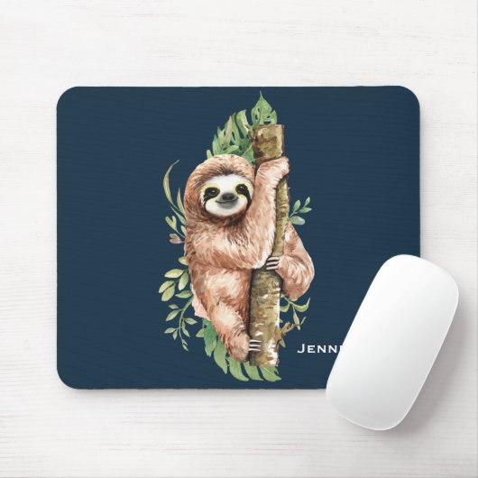 Cute Waterverf Sloth & Tropical Leaves Muismat (Met muis)
