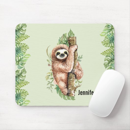 Cute Waterverf Sloth & Tropical Leaves Muismat (Met muis)