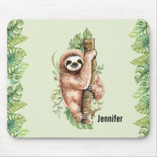 Cute Waterverf Sloth & Tropical Leaves Muismat